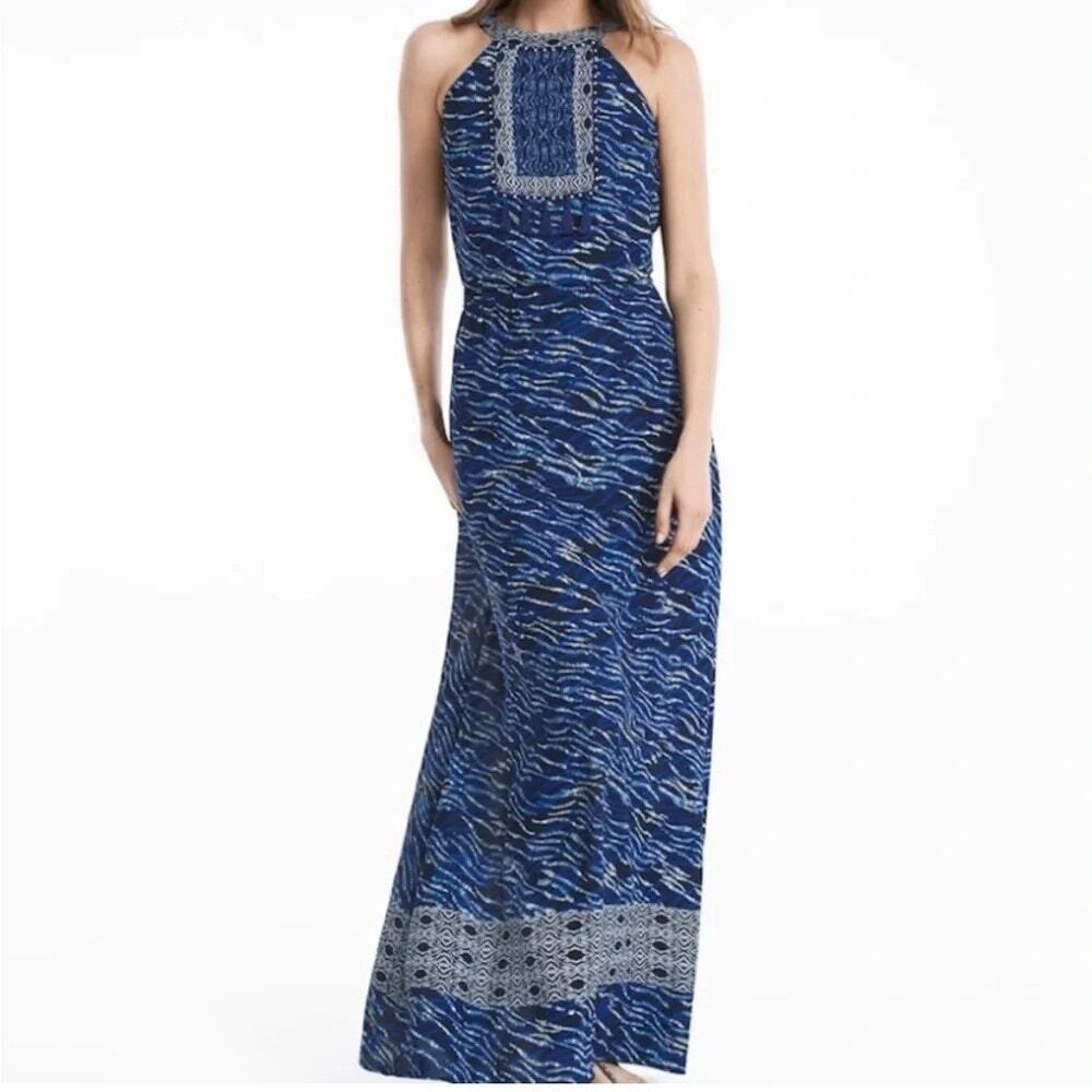 White House Black Market Beaded Halter Maxi Dress Blue Zebra Print Size 6